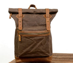 Coffee Waxed Canvas Leather Mens Cool Backpack Canvas Travel Backpack Canvas School Backpack for Men - iwalletsmen