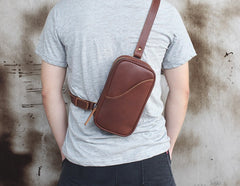 Genuine Leather Mens Cool Chest Bag Sling Bag Crossbody Bag Travel Bag Hiking Bag for men