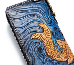Handmade Leather Carp Mens Chain Biker Wallet Cool Leather Wallet Long Phone Wallets for Men