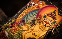 Handmade Leather Tooled Yellow Jambhala Mens Chain Biker Wallet Cool Leather Wallet Zipper Long Phone Wallets for Men