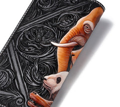 Handmade Leather Tooled The Animals Mens Chain Zipper Biker Wallet Cool Leather Wallet Long Phone Wallets for Men