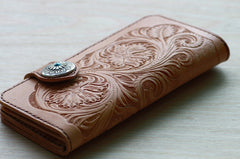 Handmade Mens Tooled Floral Beige Leather Long Biker Wallet Cool Long Chain Wallet for Men - iwalletsmen