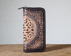 Handmade Genuine Leather Mens Cool Tooled Long Leather Wallet Bifold Clutch Wallet for Men