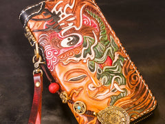 Handmade Leather Tooled Buddha Mens Chain Biker Wallet Cool Leather Wallet Long Phone Wallets for Men