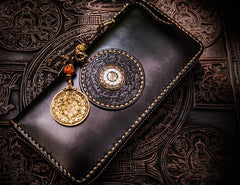 Handmade Leather Mens Tibetan Chain Biker Wallet Cool Leather Wallet Long Clutch Wallets for Men