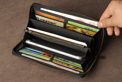 Genuine Leather Mens Cool Long Leather Wallet Cards Phone Zipper Clutch Wristlet Wallet for Men