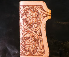 Handmade Mens Cool Tooled Boa Skin Floral Leather Chain Wallet Biker Trucker Wallet with Chain