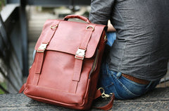 Red Brown Leather Mens Backpack Travel Backpacks Laptop Backpack for men - iwalletsmen