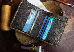 Handmade Leather Floral Mens Cool Slim Leather Wallet Men billfold Wallets Bifold for Men