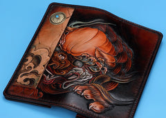 Handmade Leather Chinese Lion Mens Chain Biker Wallet Cool Leather Wallet With Chain Wallets for Men