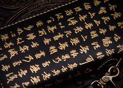Handmade Leather Mens Chain Chinese Handwriting Biker Wallet Cool Leather Wallet Long Phone Wallets for Men
