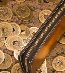 Handmade Leather Tooled Golden Toad Mens Chain Biker Wallet Cool Leather Wallet Long Phone Wallets for Men