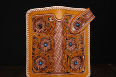 Handmade Mens Cool Tooled Floral Leather Chain Wallet Biker Trucker Wallet with Chain