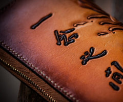 Handmade Leather Mens Clutch Wallet Cool Buddha&Demon Tooled Wallet Long Zipper Wallets for Men