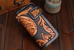 Handmade Leather Skull Mens Chain Biker Wallet Cool Leather Wallet Long Tooled Wallets for Men