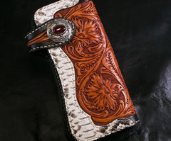 Handmade Mens Cool Tooled Boa Skin Floral Leather Chain Wallet Biker Trucker Wallet with Chain