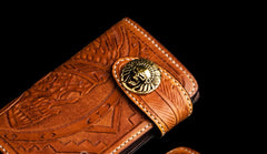 Handmade Leather Skull Indian Chief Tooled Mens billfold Wallet Cool Chain Wallet Biker Wallet for Men