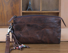 Handmade Genuine Leather Mens Cool Long Leather Wallet Zipper Clutch Wristlet Wallet for Men