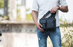 Black Cool Small Leather Mens Messenger Bags Shoulder Bags for Men - iwalletsmen