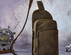 Vintage Leather Mens One Shoulder Backpack Sling Bag Chest Bag Sling Backpack for men - iwalletsmen