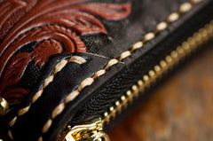 Handmade Leather Mens Tooled Eagle Chain Biker Wallet Cool Leather Wallet Long Clutch Wallets for Men