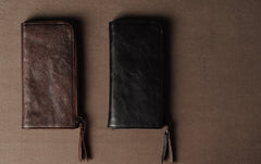 Genuine Leather Mens Cool Long Leather Wallet Cards Phone Zipper Clutch Wristlet Wallet for Men