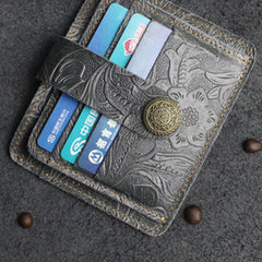 Handmade Leather Floral Mens Cool Front Pocket Wallet billfold Wallet Card Holder Small Card Slim Wallets for Men