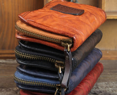 Handmade Genuine Leather Mens Cool Long Leather Wallet Zipper Clutch Wristlet Wallet for Men