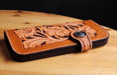 Handmade Tooled Floral Mens Leather Long Biker Wallet Cool Long Chain Wallet for Men - iwalletsmen