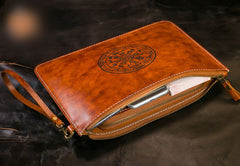 Handmade Leather Mens Clutch Cool Slim Wallet Zipper Clutch Wristlet Wallet for Men