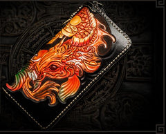 Handmade Leather Tooled Carp Mens Chain Biker Wallet Cool Leather Wallet Long Phone Wallets for Men
