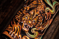 Handmade Leather Mens Tooled Monster Chain Biker Wallet Cool Leather Wallet Long Clutch Wallets for Men