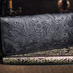 Handmade Leather Floral Mens Cool Travel Long Wallet Card Holder Card Slim Clutch Wallets for Men