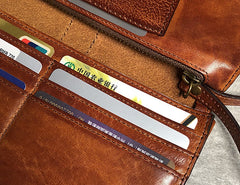Handmade Genuine Leather Mens Cool Long Leather Wallet Biker Wallet Zipper Clutch Wristlet Wallet for Men