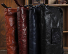 Handmade Genuine Leather Mens Cool Long Leather Wallet Zipper Clutch Wristlet Wallet for Men