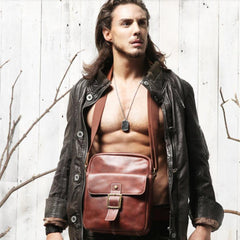 Brown Leather Mens Small Vertical Side Bag Messenger Bags Brown Casual Bicycle Bags for Men - iwalletsmen