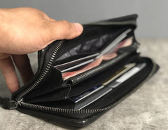 Handmade Genuine Leather Mens Cool Long Leather Wallet Biker Wallet Zipper Clutch Wristlet Wallet for Men