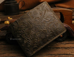 Handmade Leather Floral Mens Cool Slim Leather Wallet Men billfold Wallets Bifold for Men