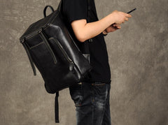 Genuine Leather Mens Cool Backpack Sling Bag Large Black Travel Bag Hiking Bag for men