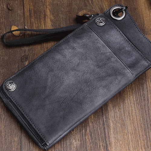 Handmade Mens Cool Long Leather Chain Wallet Cards Biker Trucker Wristlet Wallet - iwalletsmen