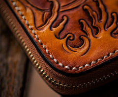 Handmade Leather Mens Clutch Wallet Cool Buddha&Demon Tooled Wallet Long Zipper Wallets for Men