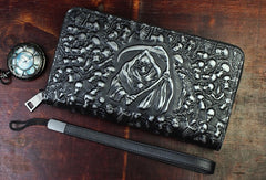 Handmade Leather Mens Tooled Skull Death Cool Zipper Phone Travel Long Wallet Card Holder Card Slim Clutch Wallets for Men