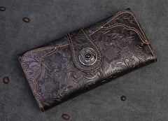 Handmade Leather Floral Mens Cool Travel Long Wallet Card Holder Card Slim Clutch Wallets for Men