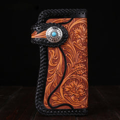 Handmade Mens Cool Tooled Floral Leather Chain Wallet Biker Trucker Wallet with Chain - iwalletsmen