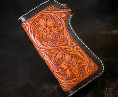 Handmade Mens Cool Tooled Boa Skin Floral Leather Chain Wallet Biker Trucker Wallet with Chain