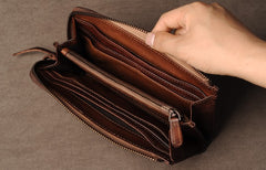 Genuine Leather Mens Cool Long Leather Wallet Cards Phone Zipper Clutch Wristlet Wallet for Men