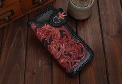 Handmade Mens Cool Tooled Chinese Dragon Leather Chain Wallet Biker Trucker Wallet with Chain