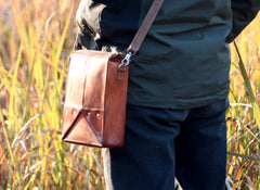Handmade Vintage Brown Leather Mens Box Bag Shoulder Bag Messenger Bag for Men - iwalletsmen