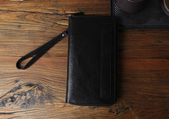 Genuine Leather Mens Cool Long Leather Wallet Biker Wallet Zipper Clutch Wristlet Wallet for Men