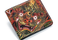 Handmade Leather Chinese Lion Tooled Mens billfold Wallet Cool Leather Wallet Slim Wallet for Men